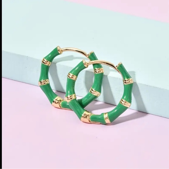 Anthropologie Jewelry - Adorable Spring Green Bamboo hoops Huggies 💚✨